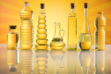 Olive oil bottles, olive branch and Cooking oils