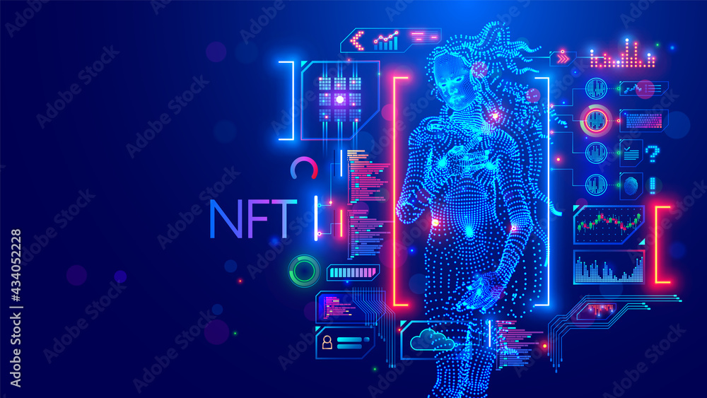 Aufkleber nft token in artwork. blockchain technology in digital crypto art, computer illustration, design. cr
