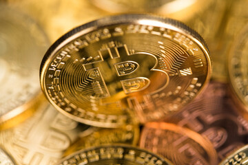 Virtual money, Currency. Bitcoin coins, financial chart