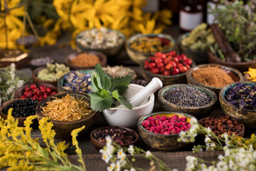 Natural remedy, healing herbs background