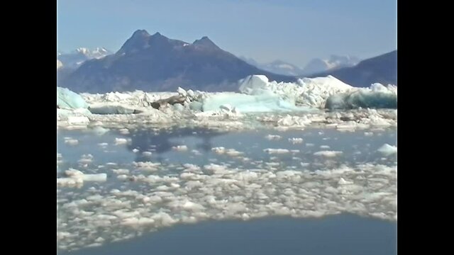 Columbia Glacier sea with floating icebergs. By the cruise in Kenai Peninsula in summer, Alaska in USA. United States of America archival in 1999 circa. Prince William sound of the Alaska Gulf