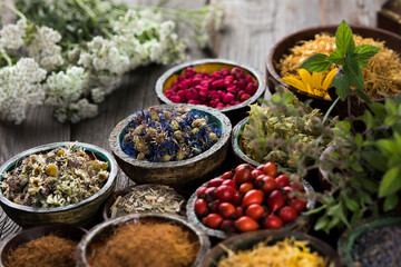 Fresh medicinal herbs on wooden background