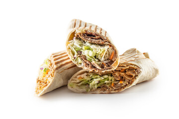 Chicken and veal isolated tortillas wrap looking tasty and served with juicy vegetables