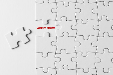 Job application, membership or subscription concept. Apply now message written on missing puzzle piece