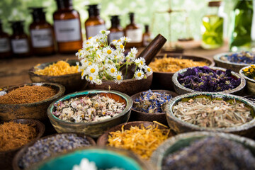 Natural remedy and mortar, healing herbs background