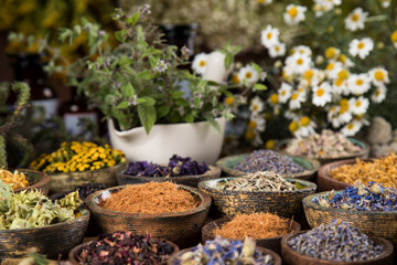 Natural medicine, wooden table background