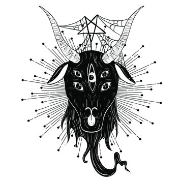 Tattoo art style illustration with goat devil. Dark, gothic, witchy vibes. Demon concept.