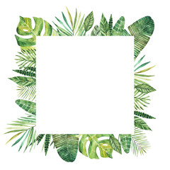 Watercolor square frame of tropical leaves and branches. A background for invitations, advertising, postcards