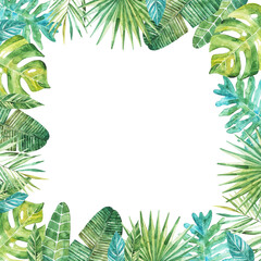 Watercolor square frame of tropical leaves and branches. A background for invitations, advertising, postcards