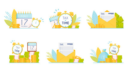 Set of six Tax time illustrations. Vector illustration