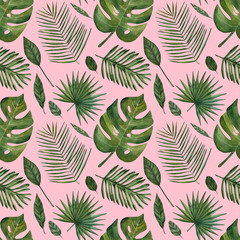 Seamless tropical pattern with leaves painted in watercolor. Texture for fabric, wrapping paper, postcards.