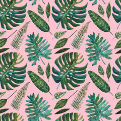 Seamless tropical pattern with leaves painted in watercolor. Texture for fabric, wrapping paper, postcards.