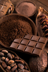 Assorted chocolate bar, candy sweet, cocoa pod