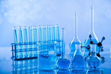 Laboratory beakers,Science experiment, blue background
