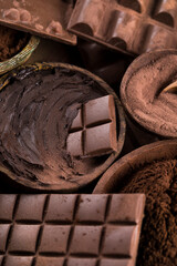 Chocolate sweet, cocoa pod and food dessert background