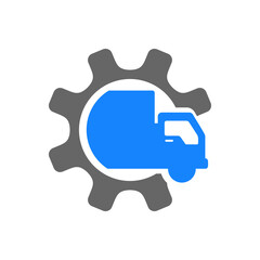 Obraz premium Logotipo camión de reparto con engranaje en color azul y gris