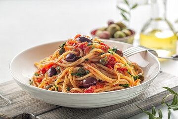 Close up of spaghetti alla puttanesca - italian pasta dish with tomatoes, olives, capers and...