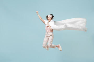 Full length young superhero woman win ear pajamas jam sleep eye mask rest at home jump high fly...