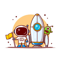 Cute Astronaut Standing Holding Flag with Rocket and Cute Alien Space Cartoon Vector Icon Illustration. Science Technology Icon Concept Isolated Premium Vector. Flat Cartoon Style
