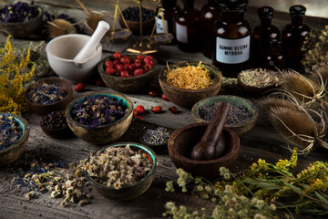 Natural remedy,Herbal medicine and wooden table background