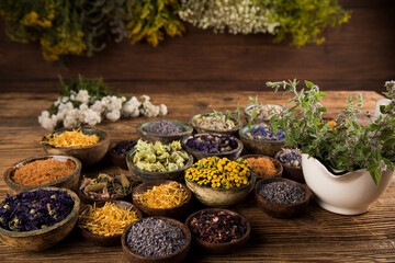Natural remedy and mortar, healing herbs background
