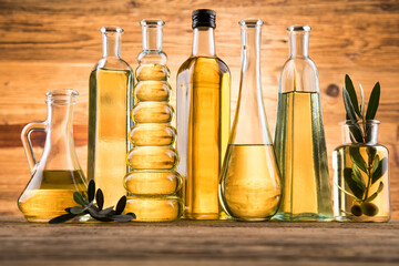 Cooking oils, Olive oil, Rape, Sunflower flowers in bottles
