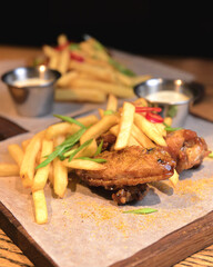 Roasted chicken wings and French fries served on a wooden board in restaurant or bar.