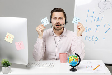 Employee confuse operator business man in set microphone headset for helpline assistance work at...