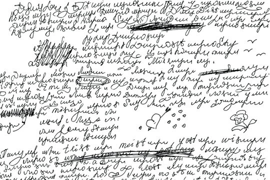 Grunge texture of illegible handwriting of handwritten text. Sloppy handwriting with corrections. Vector illustration. Overlay Template.