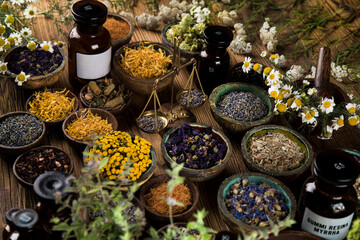 Homeopathy, herbal medicine on wooden table