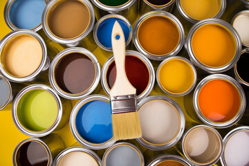 Open paint cans with a brush, Rainbow colors