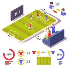 Online football game, vector isometric illustration. Smartphone, fans watching soccer match sitting on sofa.