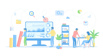 Investment, strategic management. Startup, new idea. Business team working together on financial success strategy. Vector illustration flat style.