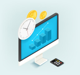 Time is money concept. 3d style cute isometric vector illustration