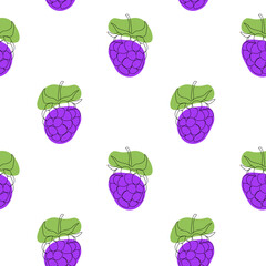 Seamless pattern with blackberry on white background. Continuous one line drawing blackberry. Black line art on white background with colorful spots. Vegan concept