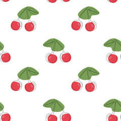Seamless pattern with cherry on white background. Continuous one line drawing cherry. Black line art on white background with colorful spots. Vegan concept