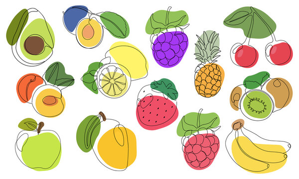Continuous one line drawing fruits. Vector illustration. Black line art on white background with colorful spots. Set with cartoon fruits isolated on white background.  Vegan concept