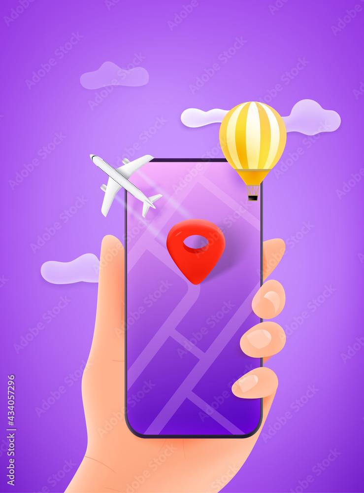 Poster smartphone with the map and aircrafts. 3d style vector travel concept