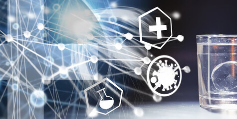 Water soluble tablets. The medicine is soluble. Anti-hangover. Effervescent tablets in a glass.