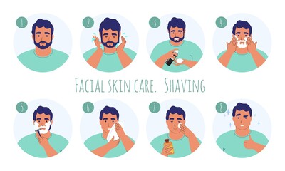 8 step men facial skin care, flat vector illustration. Male grooming, shaving routine.