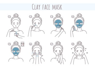 Clay face mask application and removal steps, vector illustration. Facial skin care routine, beauty procedure.