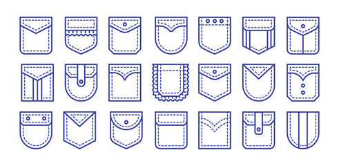 Patch pockets with flap and button closure. Different shapes flat & cargo pockets for shirt, jean and bag. Line icon set. Vector illustration. Isolated objects