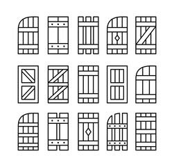 Outdoor rustic window wooden shutters. Line icon set. Old board window blinds for house and cottage. Exterior decorative elements. Isolated objects