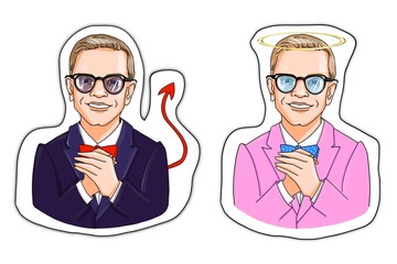 Good and bad guy. Cartoon nimb angel and demon man character. Two businessman true and false mood stickers.