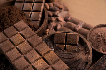 Assorted chocolate bar, candy sweet, cocoa pod