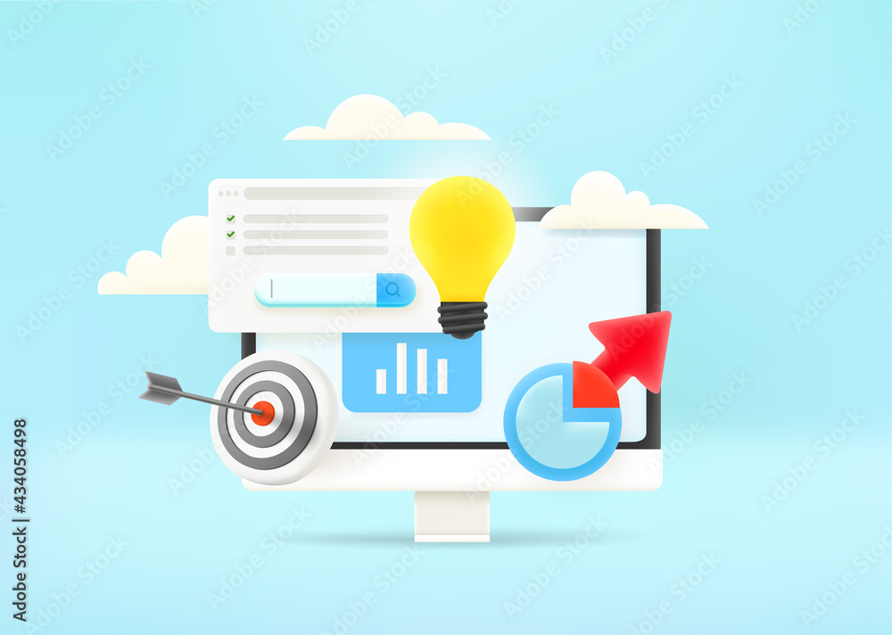 Aufkleber business optimization concept. computer with different reports, charts and diagrams