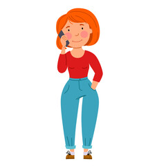 a red-haired girl is talking on the phone. Wireless technology. Flat vector isolated illustration