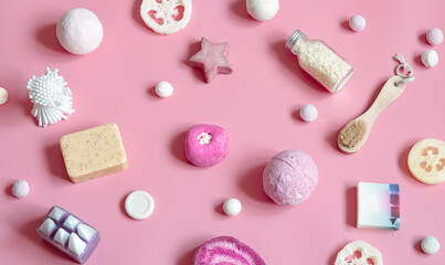 Flat lay spa composition with body health and beauty care products.