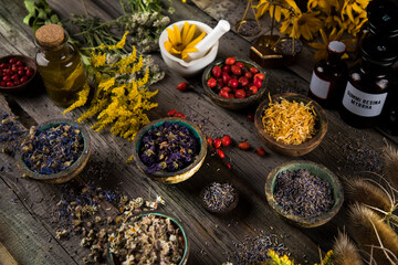 Natural remedy, healing herbs background