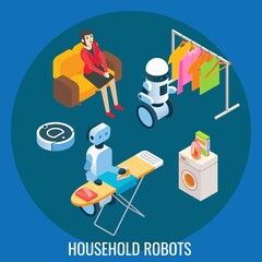 Smart home ai robots helping people with laundry, cleaning house, ironing clothes, vector isometric illustration.